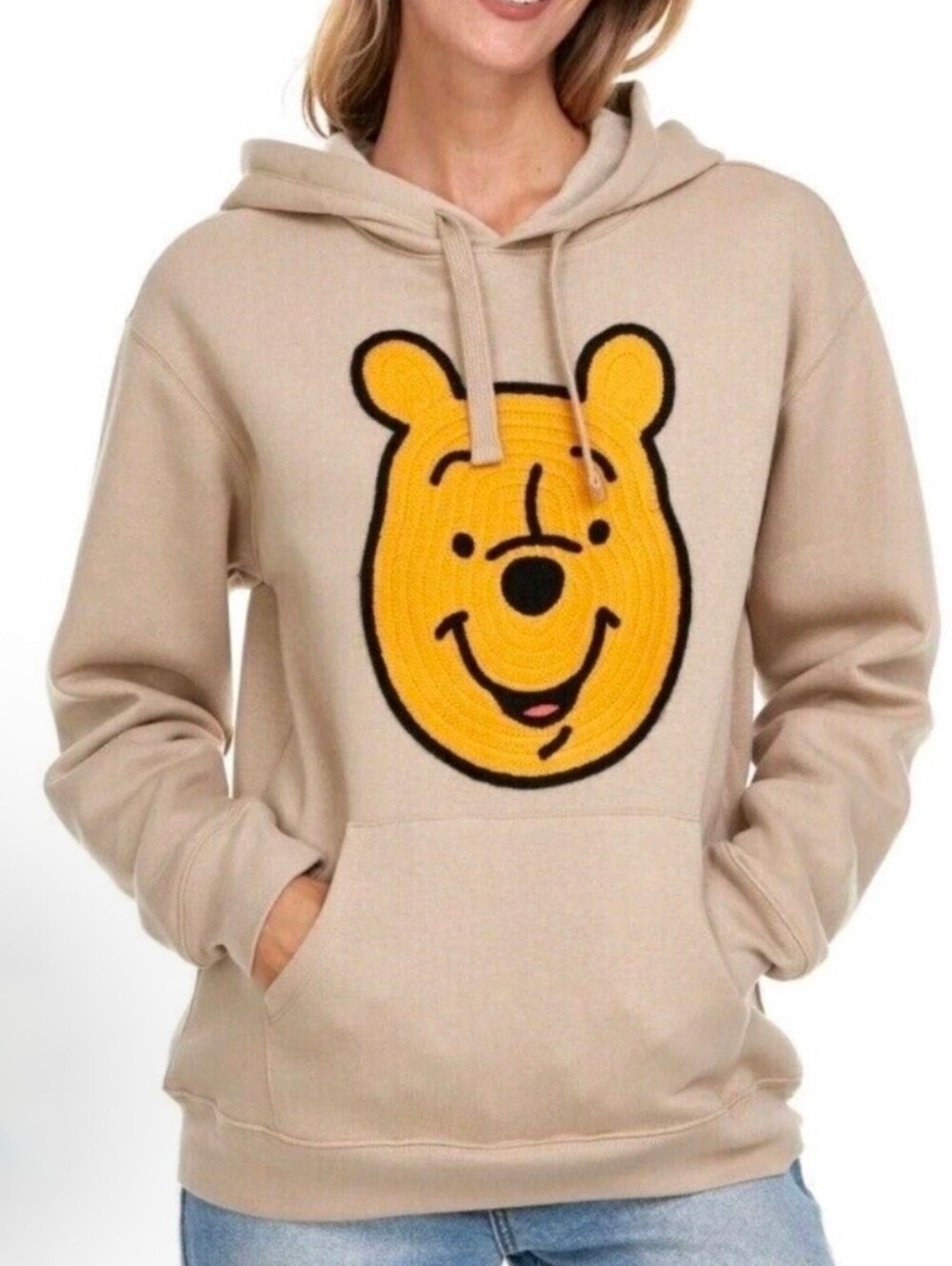 Disney Winnie The Pooh Hoodie Beige Embroidered Face - Medium